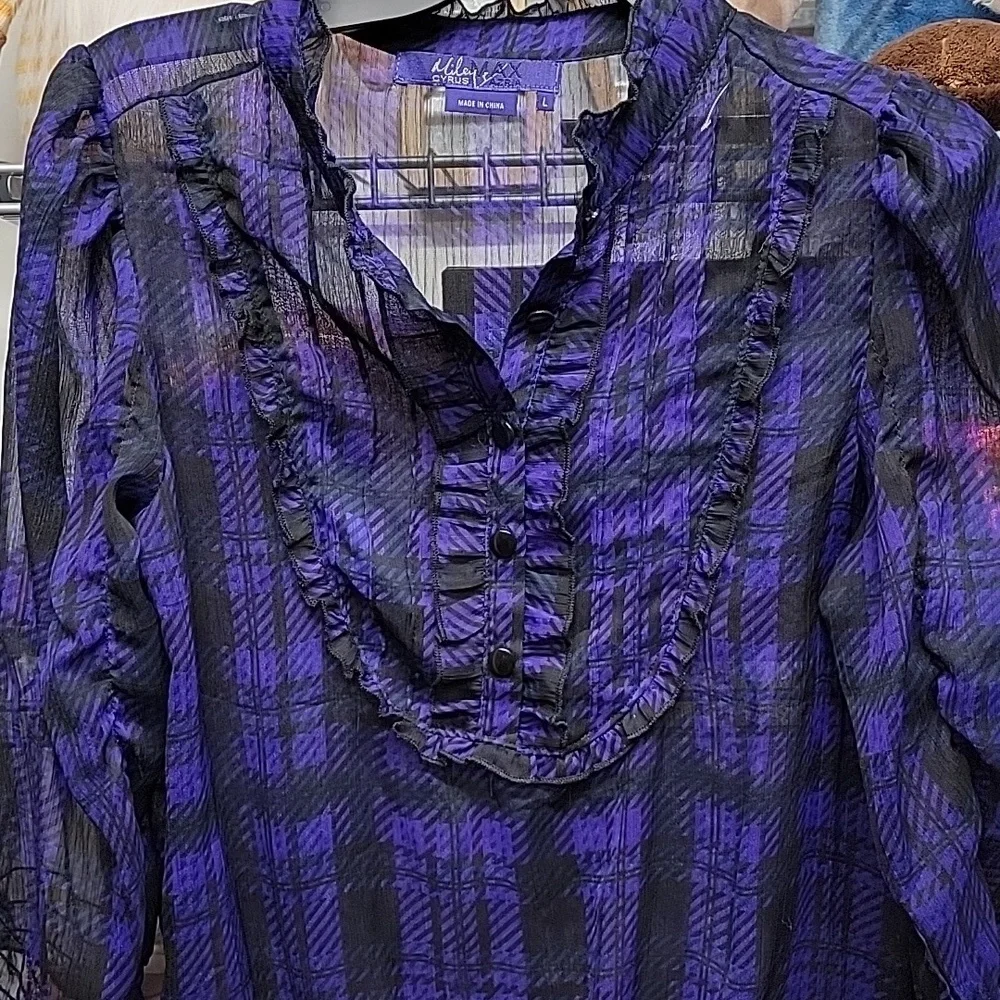 Miley Cyrus Max Azria Purple Plaid Blouse Size Large - Picture 3 of 5